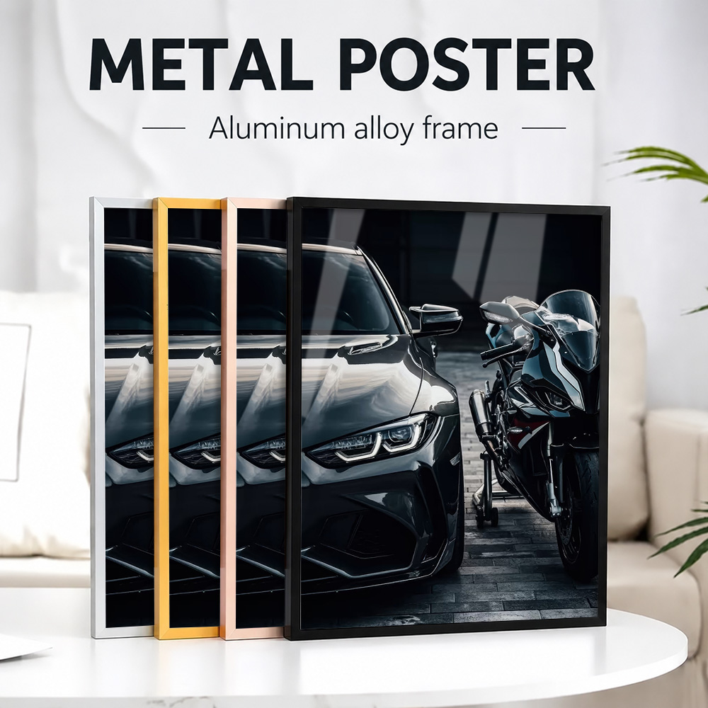 Metal Photo Panel - Zwarte auto en motorfiets duo metalen