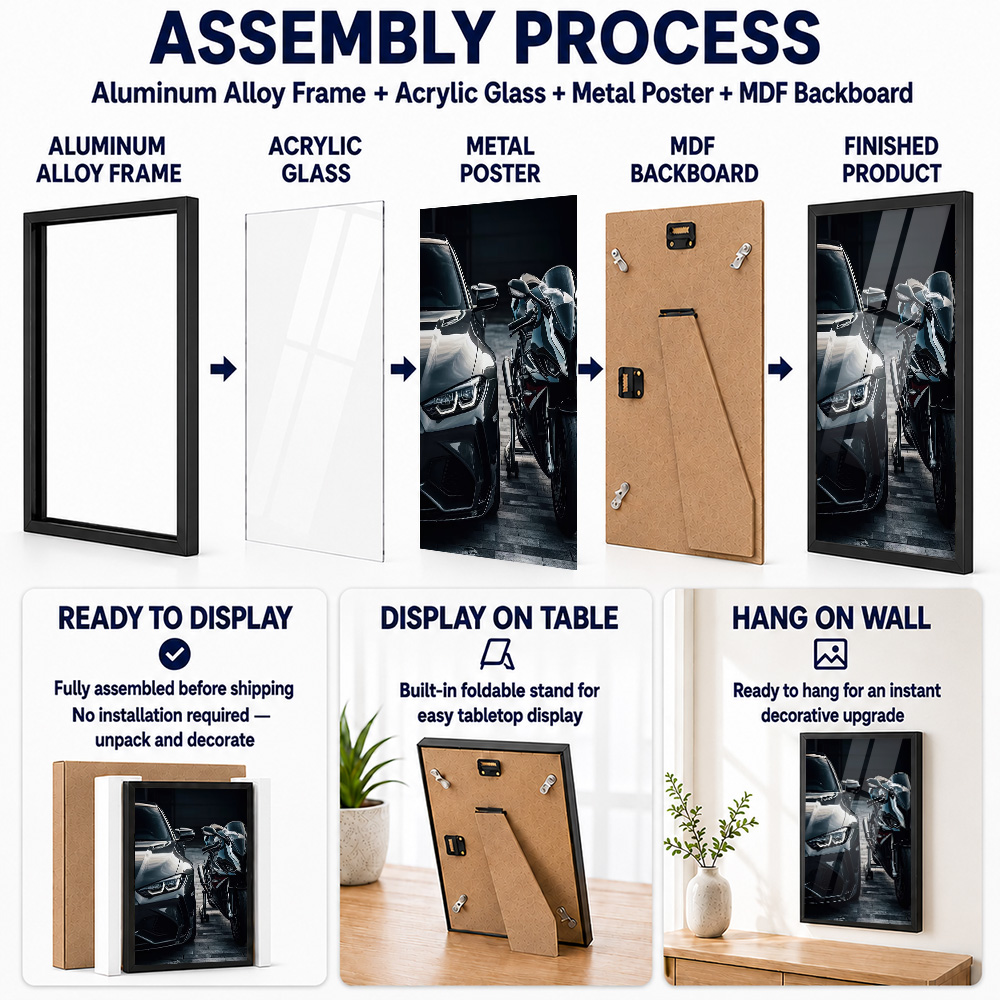 Zwarte auto en motorfiets duo  - Metal Photo Panel recensie en prijs